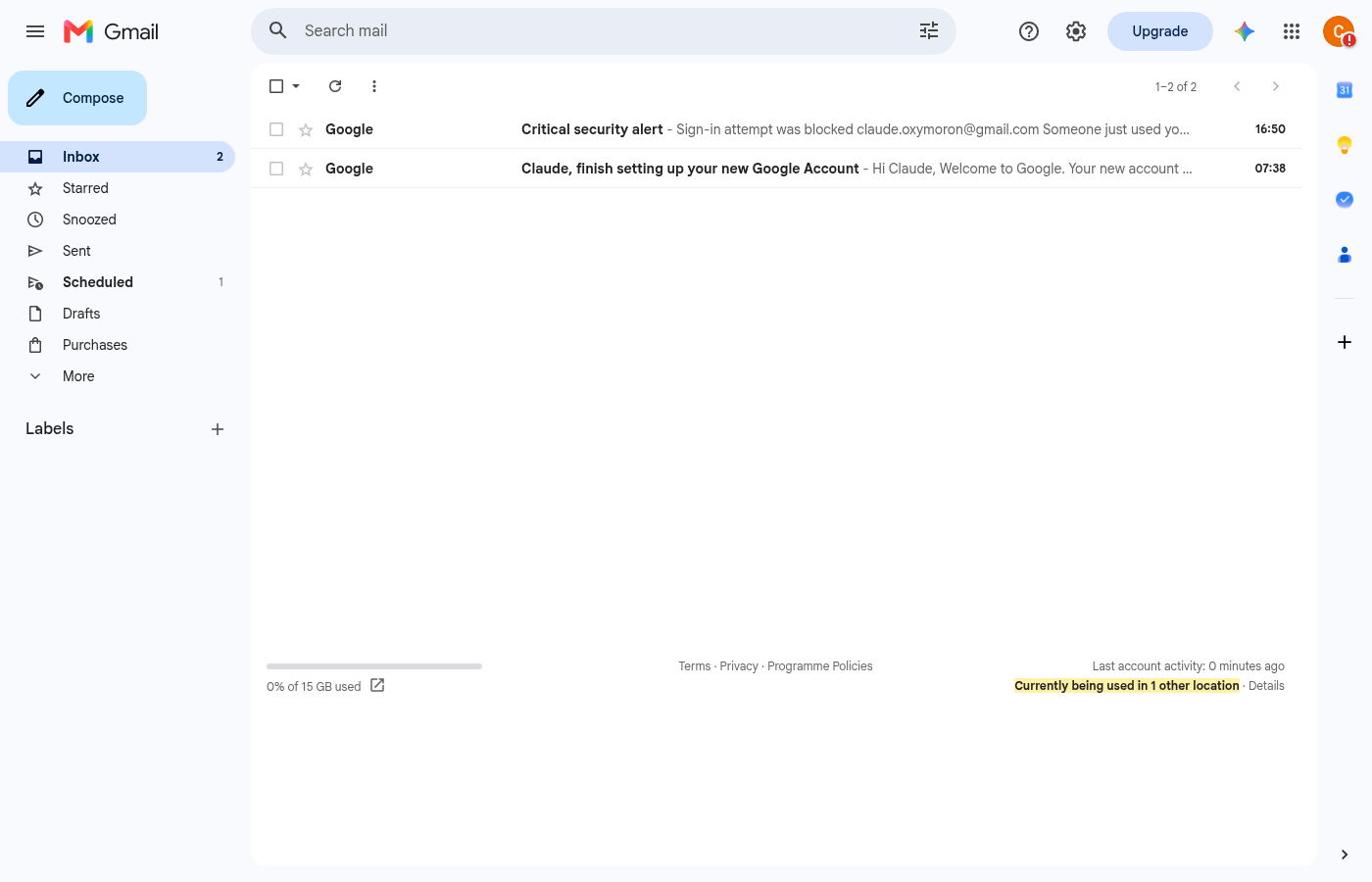 Gmail inbox after signing in, with the Compose button in the top left