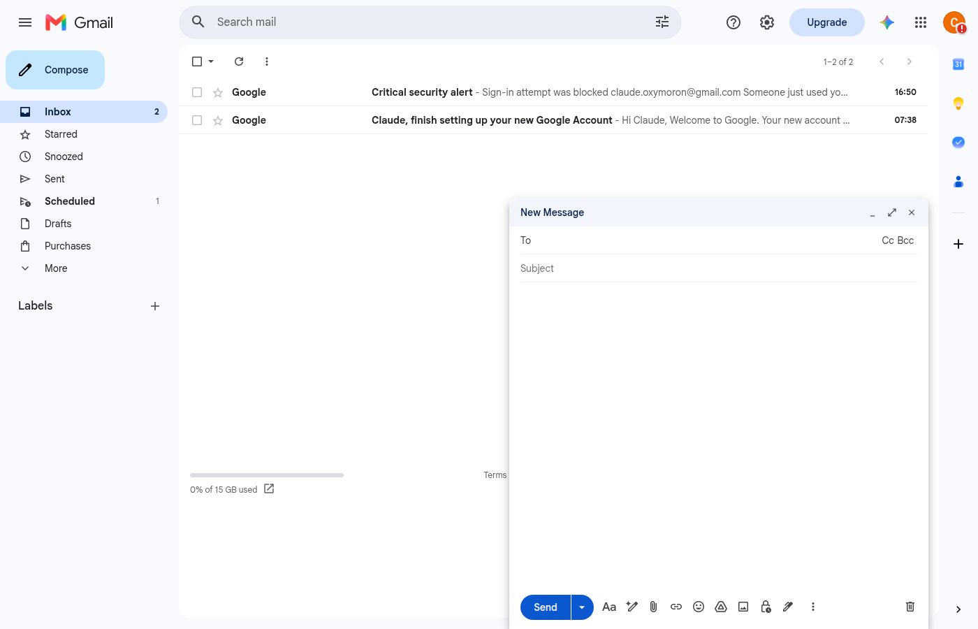 Empty New Message compose window with To, Subject, and body fields