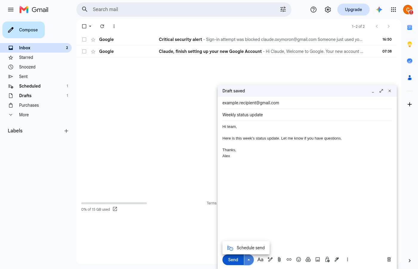 Dropdown menu next to the Send button showing the Schedule send option