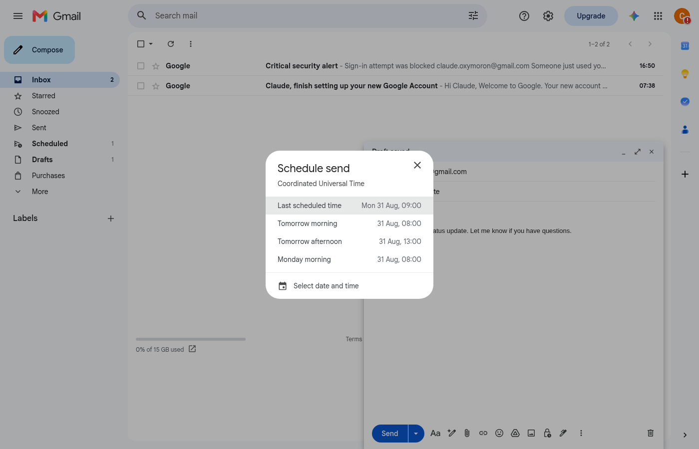 Schedule send panel showing suggested send times and a custom date and time option
