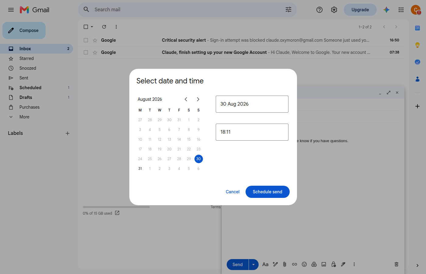 Custom date and time picker with a calendar and a time field, and a Schedule send button