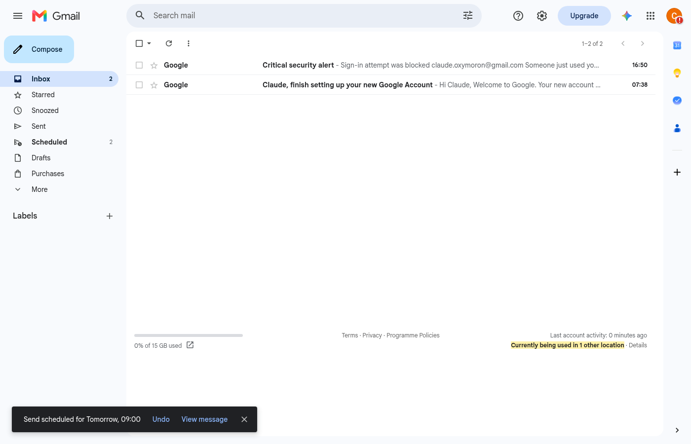Confirmation message reading Send scheduled for Tomorrow, 09:00, with Undo and View message links