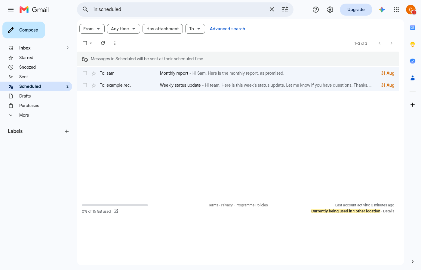 Scheduled folder listing an email waiting to be sent, with its scheduled date shown on the right